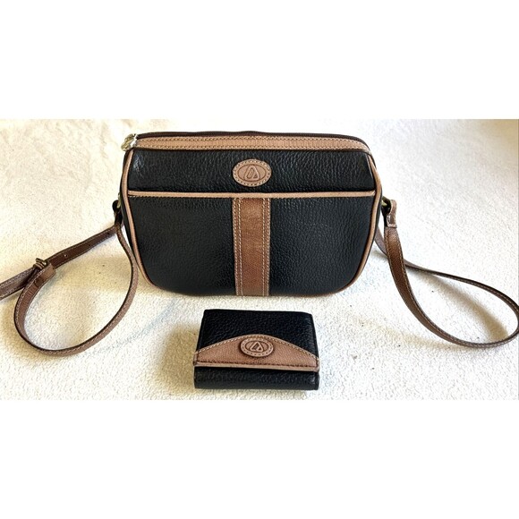 Vtg Liz Claiborne Crossbody Bag Black Brown Leather Triangle Logo w Wallet - Picture 1 of 16